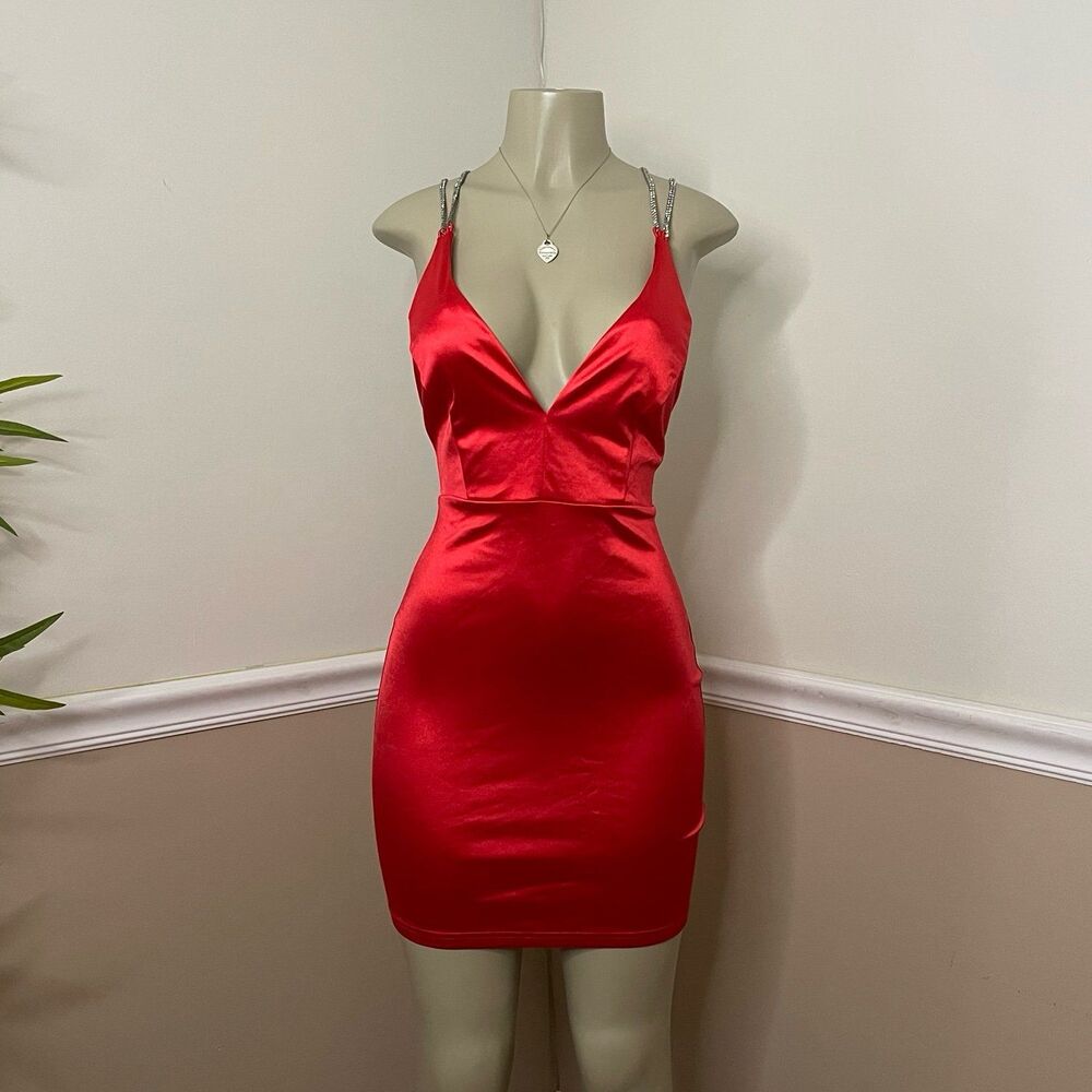 Fashion Nova Women's Go Get Him Satin Rhinestone Cross-Back Satin Mini Dress